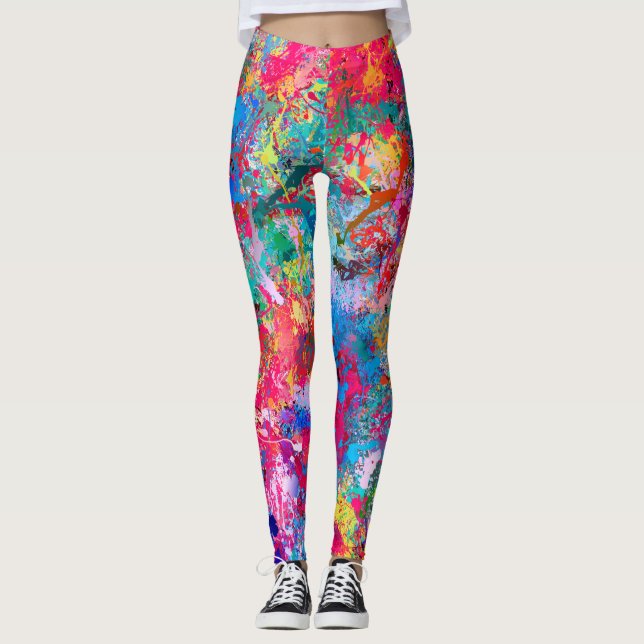 Leggings Bleu Rouge Jaune Vert Rose Turquoise Splash Abstra (Devant)