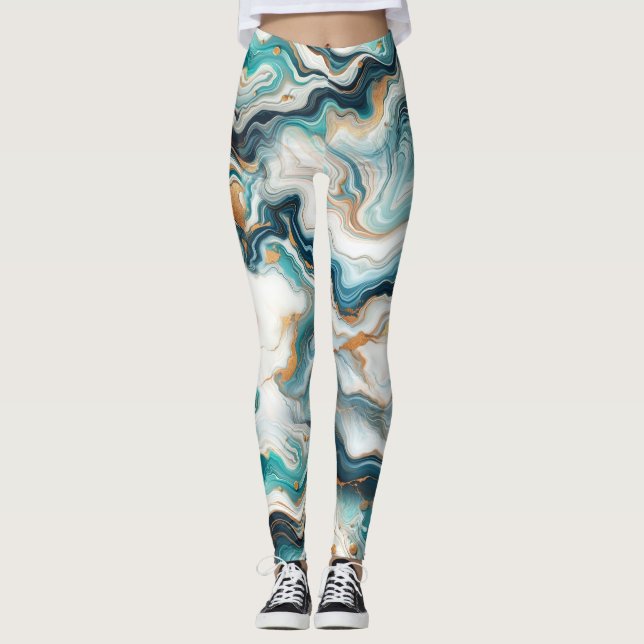 Leggings Bleu sarcelle or blanc moderne marbre agate mariag (Devant)