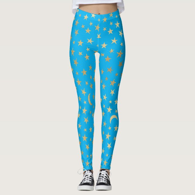 Leggings Bleu Turquoise Avec Etoiles et lunes d'huile d'or (Devant)