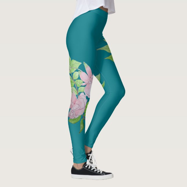 Leggings bleu turquoise et rose audacieux fleur motif flora (Droite)