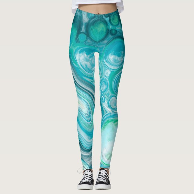 Leggings Bleu, Turquoise Mer Vagues et Bulles (Devant)