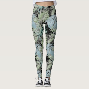 Leggings Bleu Vert Palm Feuilles Noir