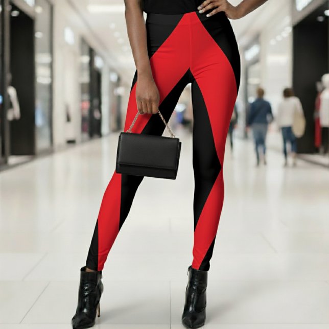Leggings Bloc de couleur géométrique en bande noire et roug (Black & Red V Slanted Stripe Geometric Color Block Leggings)