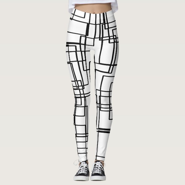 Leggings Blocs noirs et blancs modernes, motif de carrés (Devant)