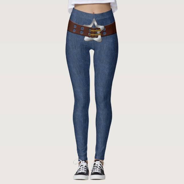 Leggings Blue Denim Ceinture en cuir Brown Silver Star Buck (Devant)