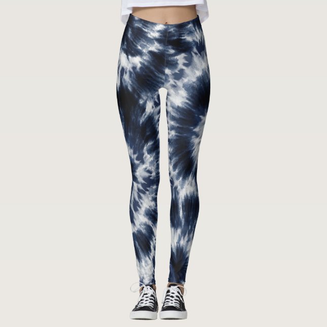 Leggings Blue Indigo Tie Dye Shibori Boho Motif (Devant)