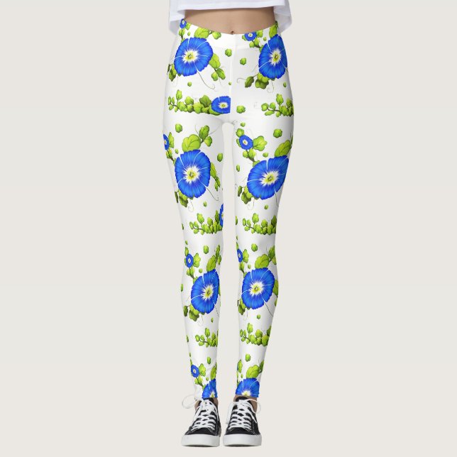 Leggings Blue Morning Glory Flowers Motif (Devant)