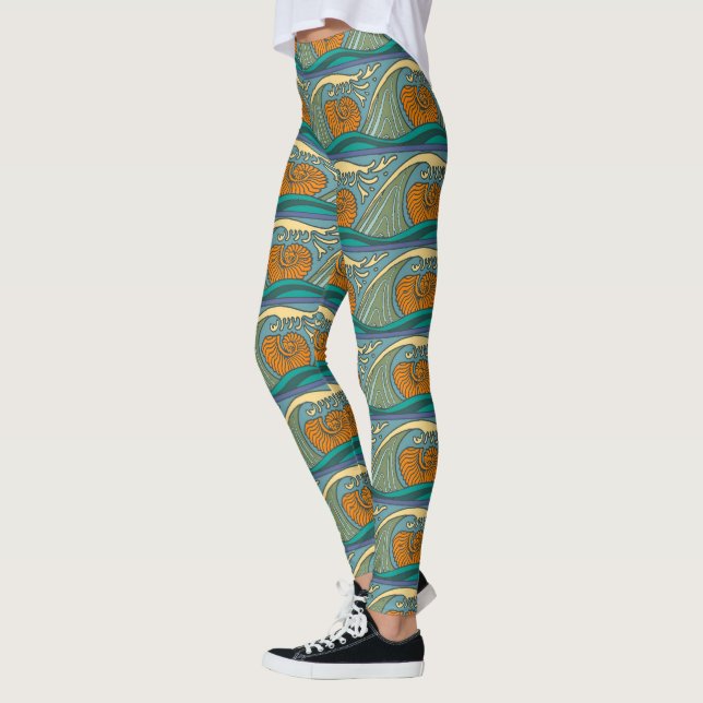 Leggings Blue Ocean Waves Nautilus Seashell Pattern Nouveau (Gauche)