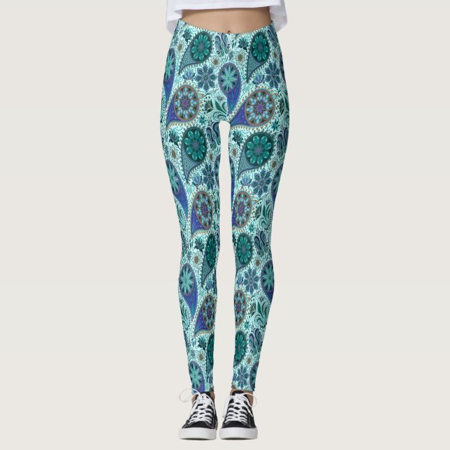 Leggings Blue Ornate Paisley Pattern (Devant)