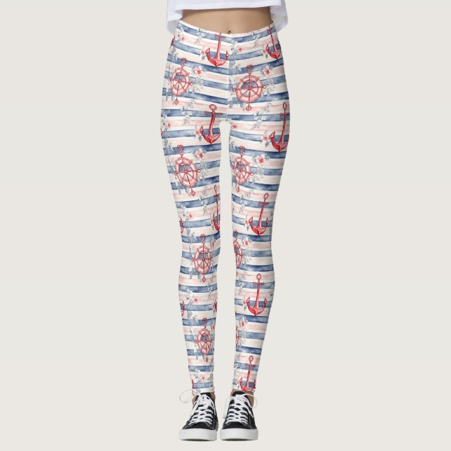 Leggings Blue Red Anchors Floral Stripes Beach  (Devant)