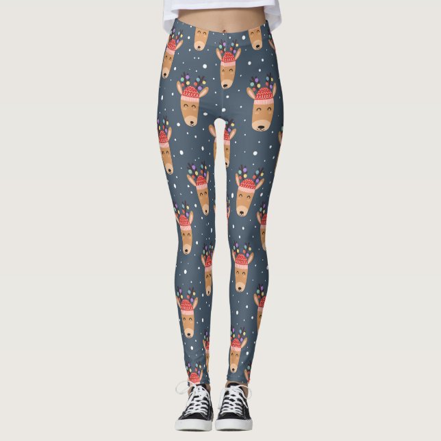 Leggings Blue Reindeer Rustic Cute Whimsun Fun Holiday (Devant)