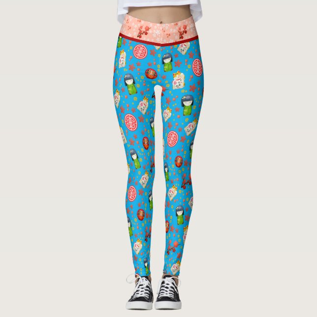 Leggings Blue Retro Japonais Maneki Neko Cat et Geisha (Devant)