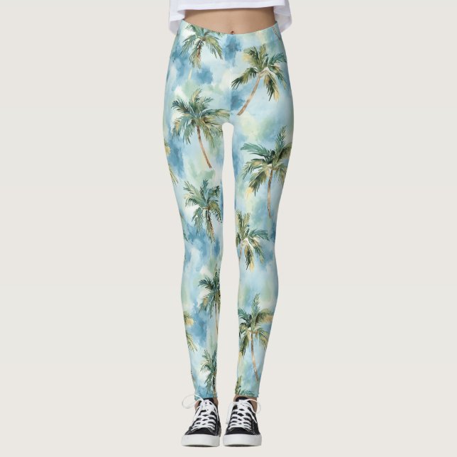 Leggings Blue Skies Tropical Island Palm Trees   (Devant)