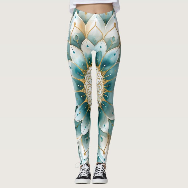 Leggings Blue Turquoise Gold Floral Mandala (Devant)