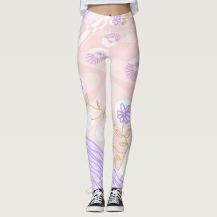 Leggings Bohème Chintz Illustration Pastel Pink Lavender