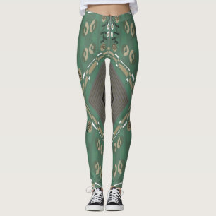 Leggings Bohème Chintz Illustration Vert Champignons Blanc