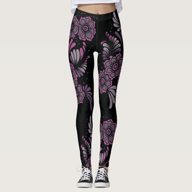 Leggings Boho Chic Yoga Zen Purple Floral Mandala Motif (Devant)