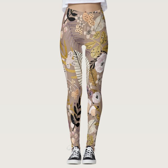 Leggings Boho noir blanc ligne de pêche or tiré feuille flo (Devant)