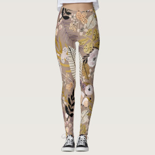 Leggings Boho Noir Blanc Or Pêche Feuille Florale Dessinée 
