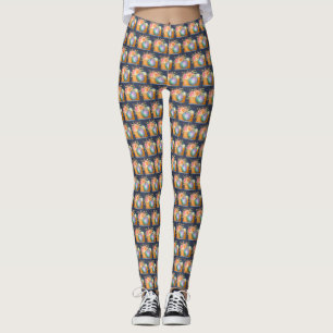 Leggings Boho Orange Camera & Fleurs Motif d'aquarelle