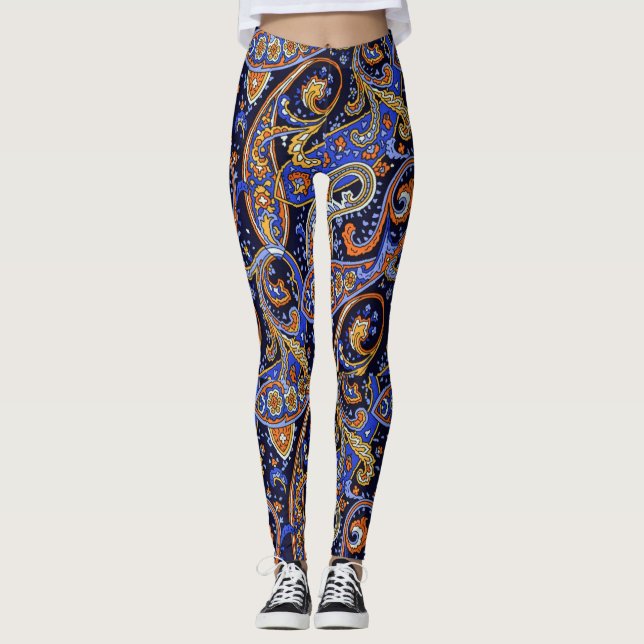 Leggings Boho Paisley Imprimer Violet Et Noir (Devant)