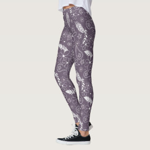 Leggings boho plumes fleurs motif sur violet N'IMPORTE QUEL