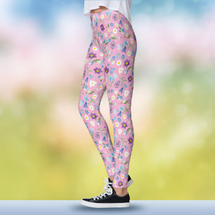 Leggings Boho Printemps Bleu et Violet Aquarelle Rose Flora