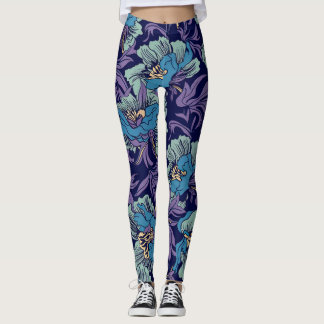 Leggings Bold Blue & Teal Botanical Print Floral Pattern 