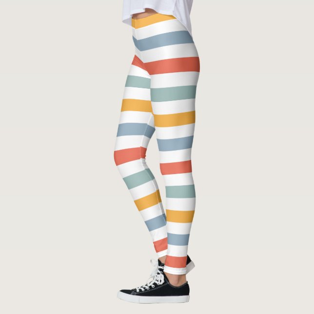 Leggings Bold Retro 70s Horizontal Stripes Orange Teal And  (Gauche)
