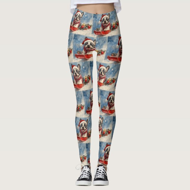 Leggings Boston Terrier Dog in Sledge Let it Neige Noël (Devant)