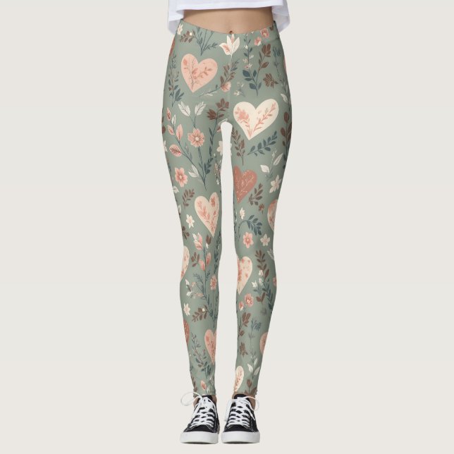 Leggings Botanical Hearts Romantic Floral Seamless Pattern  (Devant)