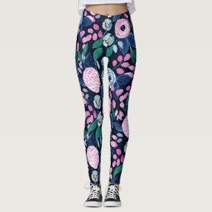 Leggings Bouquet d'aquarelle bleu marine rose