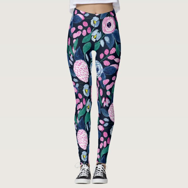 Leggings Bouquet d'aquarelle bleu marine rose (Devant)