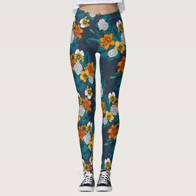 Leggings Bouquet tropical sur bleu (Devant)