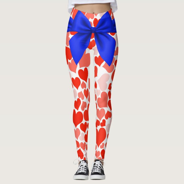 Leggings Bow bleu et Coeurs roses rouges  (Devant)