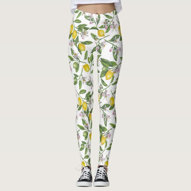 Leggings Branches de citron avec fleurs et fruits sur blanc (Devant)