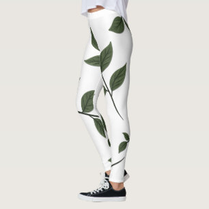Leggings Branches de feuillage avec Feuilles verts en blanc