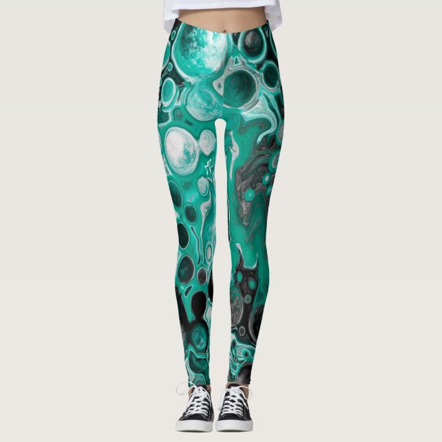 Leggings Bulles turquoises et noires Cellules d'art fluides (Devant)