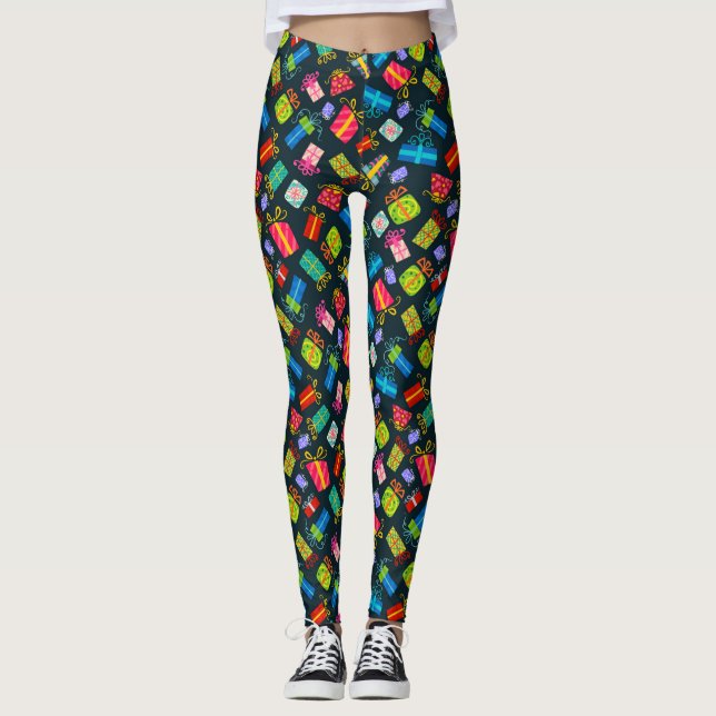 Leggings Cadeaux de Noël colorés en noir (Devant)