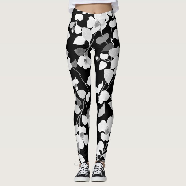 Leggings CAMELLIAS BLANC NOIR ET Floral japonais FEUILLE (Devant)