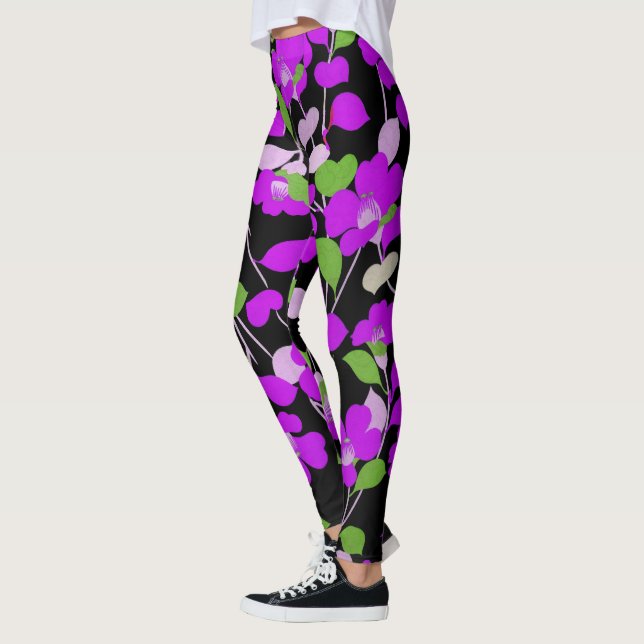 Leggings CAMELLIAS PURPLE, FEUILLES VERT BLANC NOIR Floral  (Gauche)