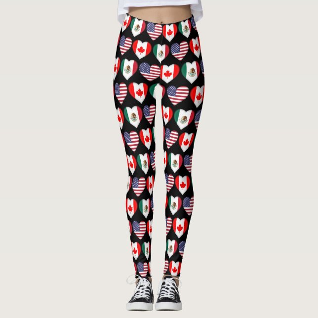 Leggings Canada Mexique USA 2026 Pays drapeaux Coeurs (Devant)