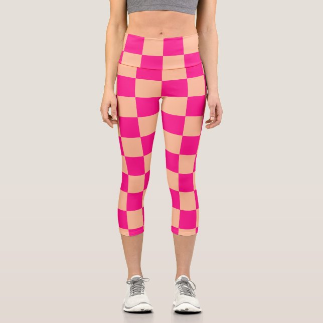 Leggings Capri à damiers carré pêche rose chaud rétro géométrique (Recto)
