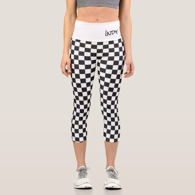 Leggings Capri à damiers Drapeau Racing Sports Texte personnalisé (Recto)