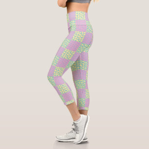 Leggings Capri à damiers Love-Pastel rose, jaune, violet et vert