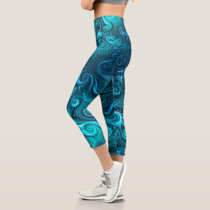 Leggings Capri Abstrait bleu coloré et Motif spiral Turquoise