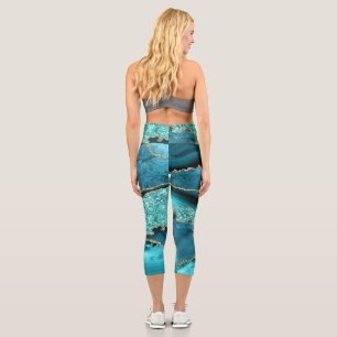 Leggings Capri Agate Turquoise Blue Gold Parties scintillant Aqua