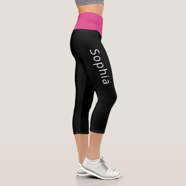 Leggings Capri Ajoutez votre nom | Rose chaud et noir (Droite)