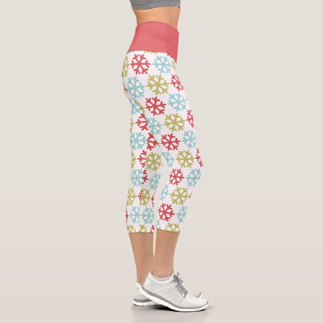 Leggings Capri Amusants Red Lime Green Aqua Blue Snowflakes Motif (Droite)