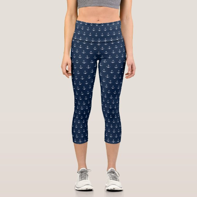 Leggings Capri Ancrage nautique bleu marine bleu blanc motif mign (Recto)
